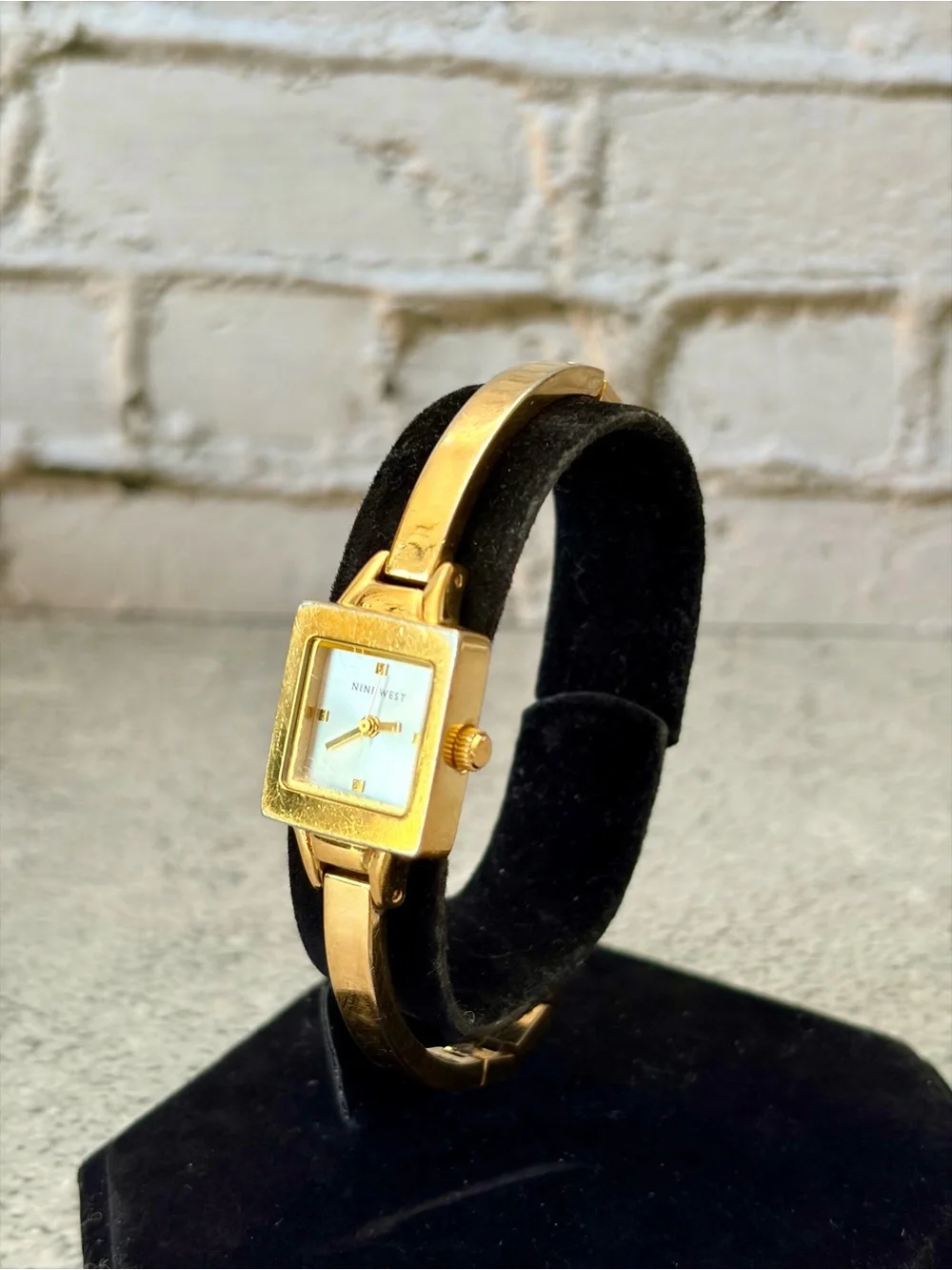 Nine West Women’s Gold Tone Square Bangle Quartz Watch New Battery